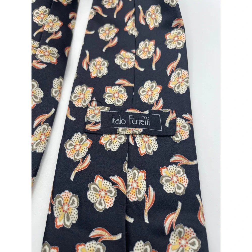 Italo Ferretti Mens Silk Floral Tie Navy Blue Orange Hand Made Italy Gandini